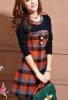 Elegns, hossz ujj kerek nyak Plaid Splicing magas derk ruha fekete