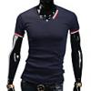 Frfi pamut vkony V-nyak rvid ujjú hossza szabadid Sport T-Shirt (Navy)